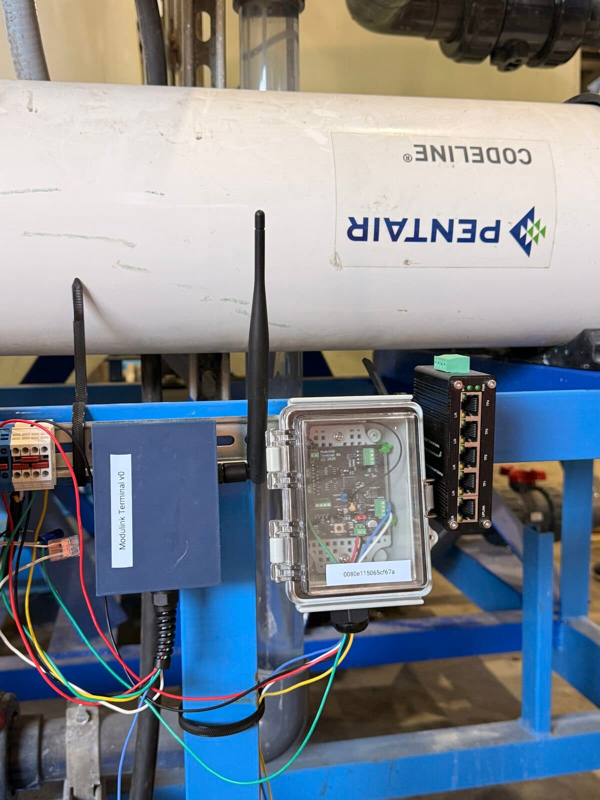 Modulink Terminal with sensor wiring connected, mounted on Pentair RO membrane skid