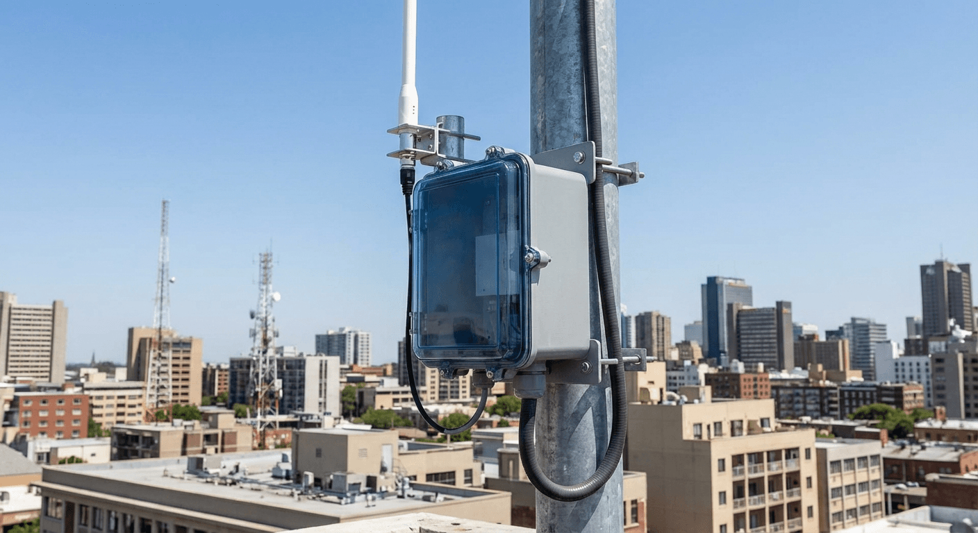 Modulink Base Station installed on rooftop pole with dipole antenna and city skyline in background