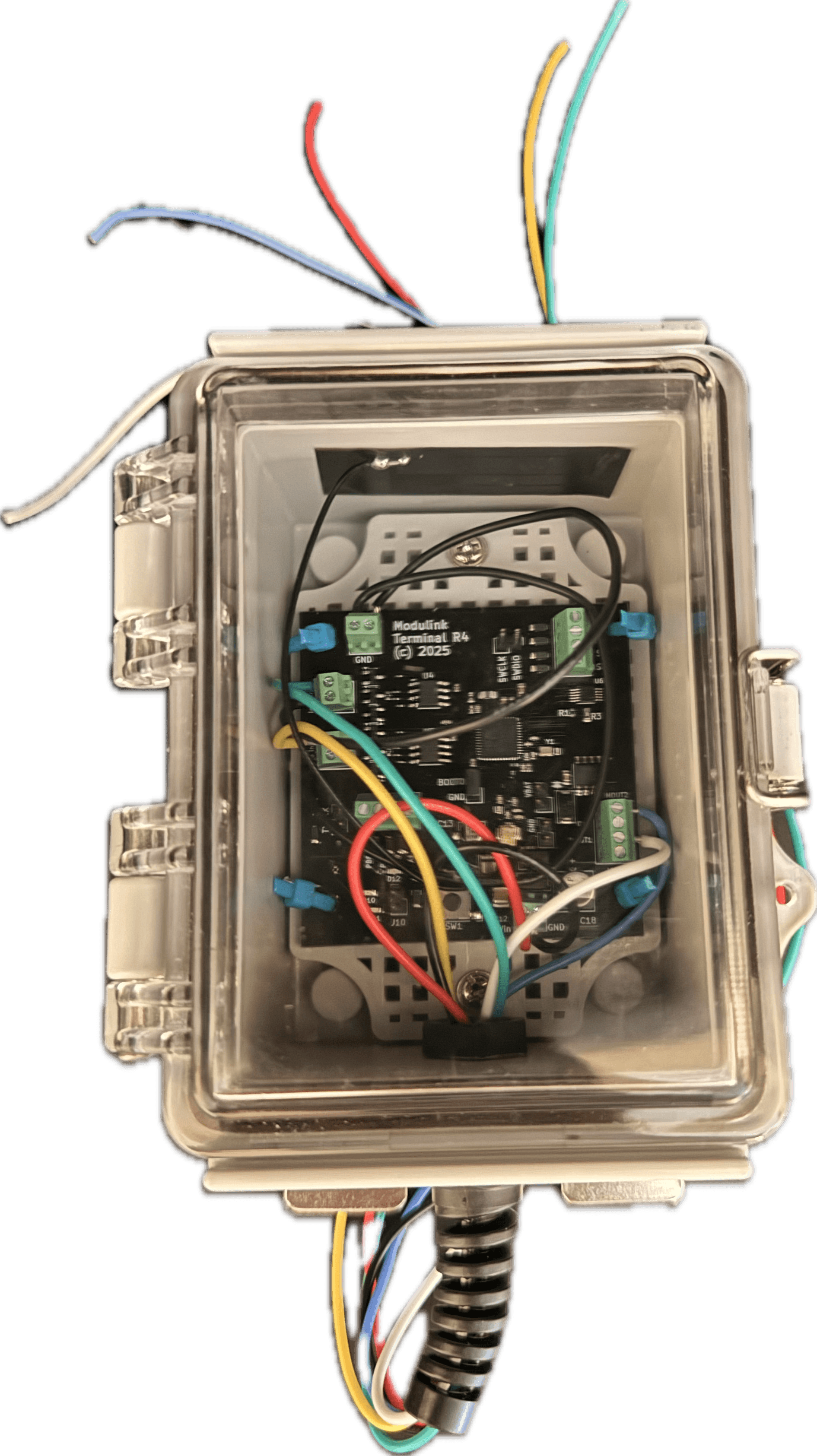 Modulink Terminal installed on industrial water filtration equipment with glowing blue LED indicator and pressure sensor wires