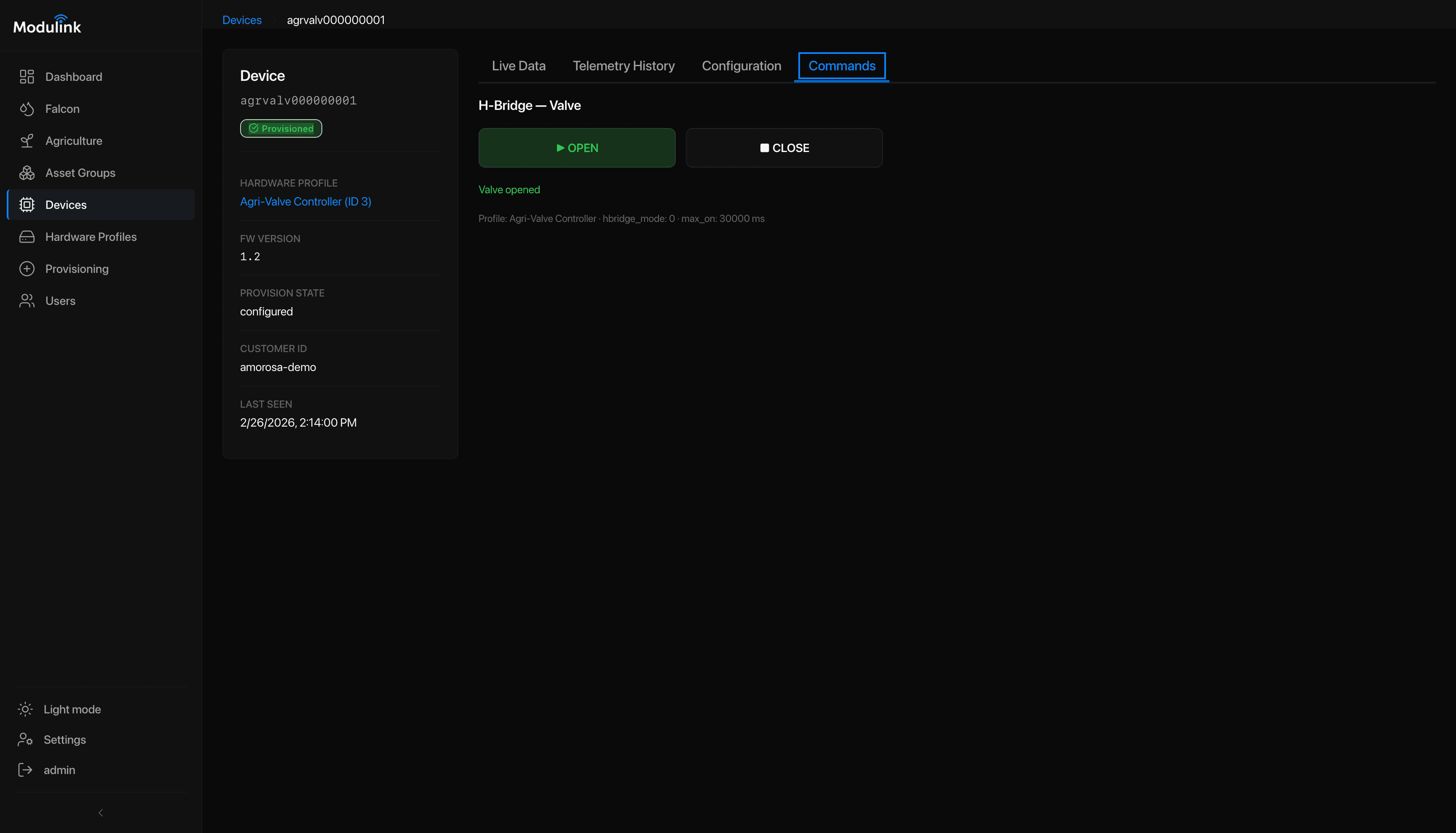 Modulink actuator control interface with OPEN and CLOSE buttons